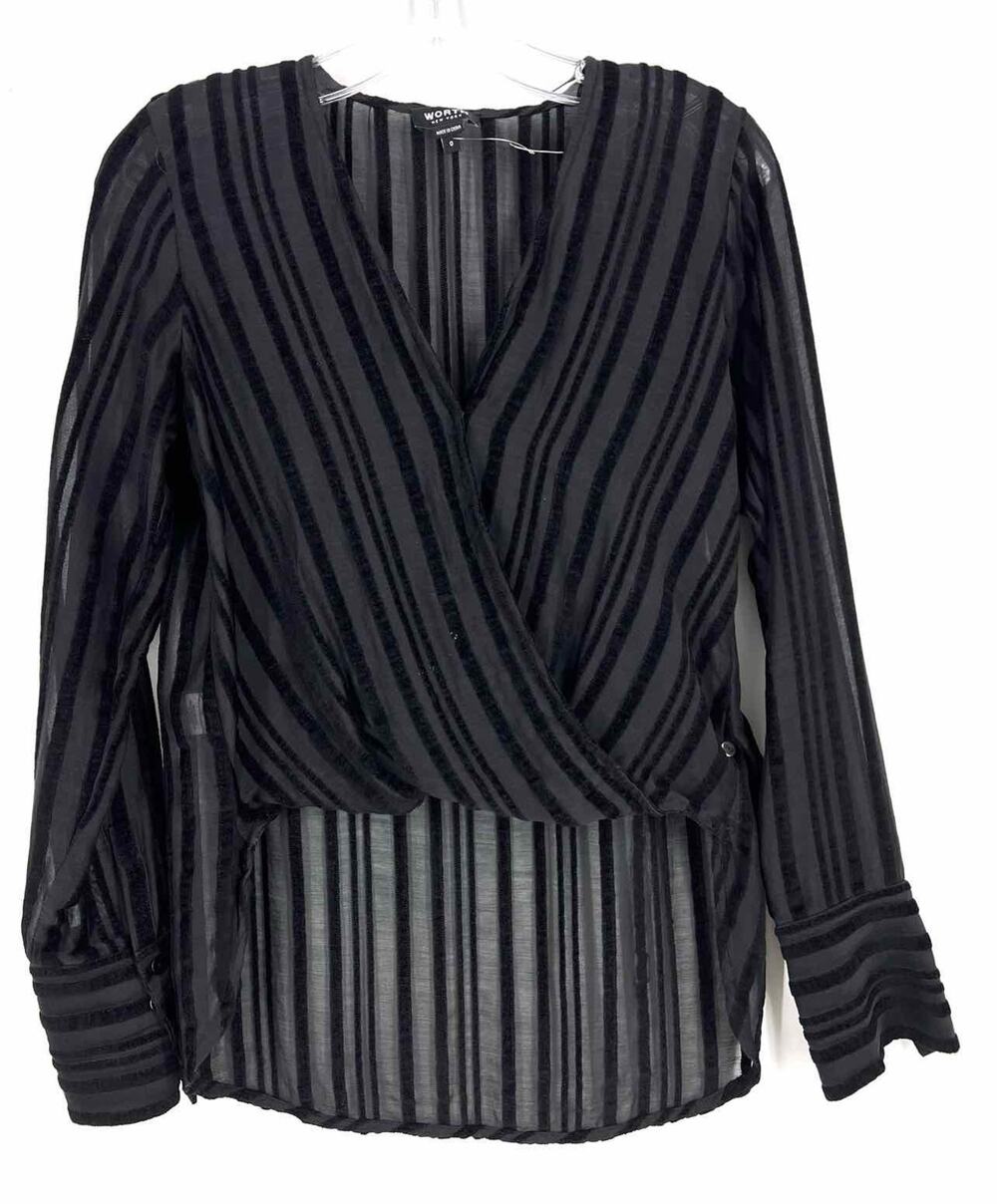 Worth Size 0 Black Hi-Lo Velvet Stripe Designer Top-Long Sleeve